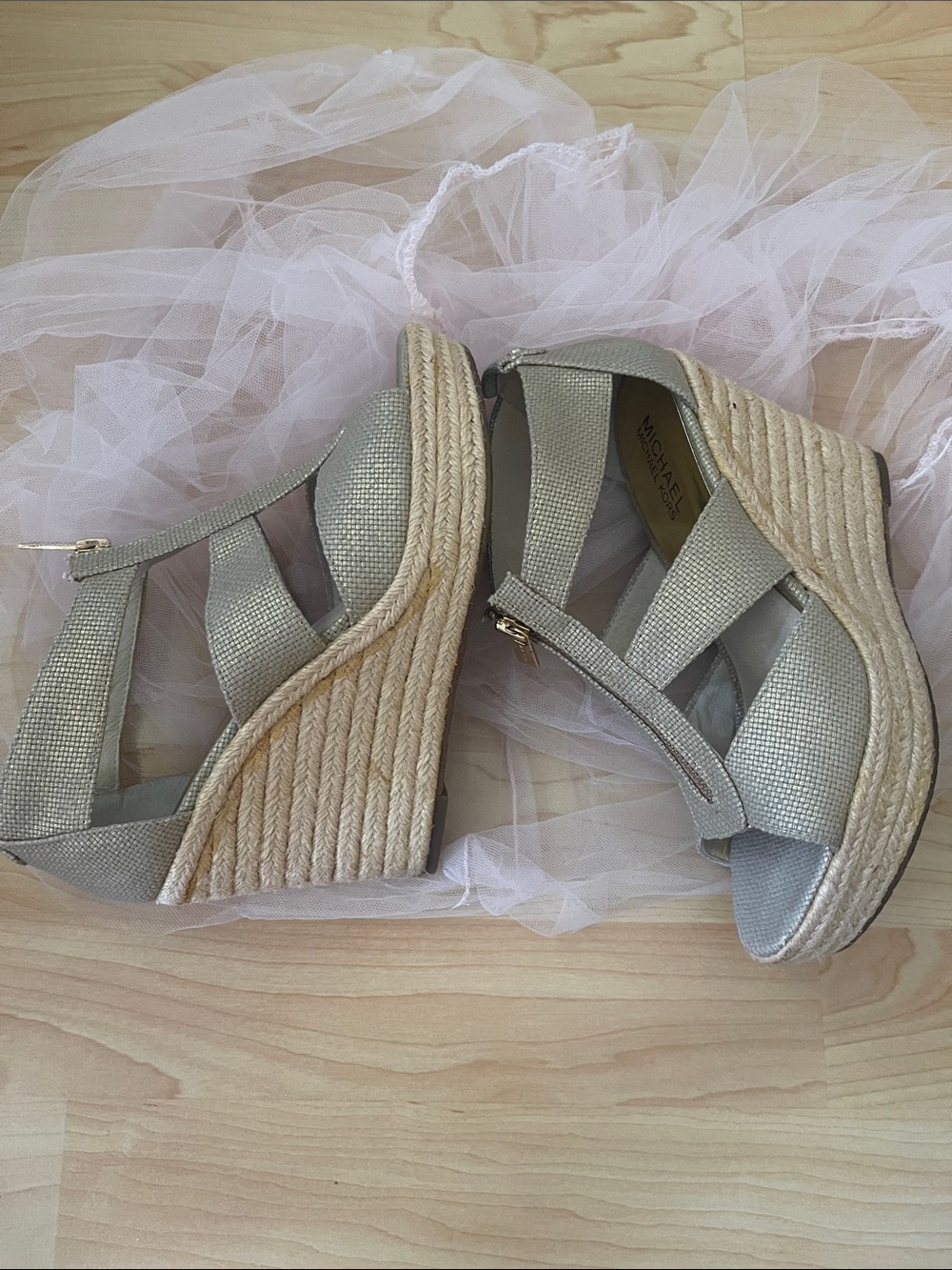 Michael Kors Champagne Gold Textured Espadrille Wedges - Picture 2 of 5